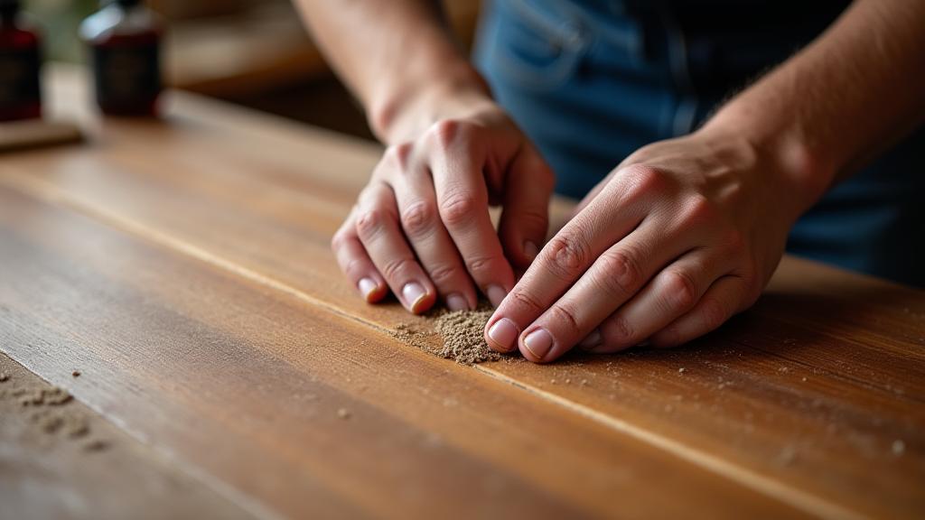 Ambachtsman die de laatste hand legt aan een houten tafel, polijstend met fijne schuurpapie