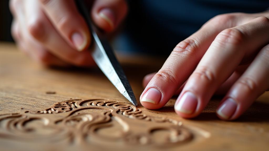 Close-up van handen van een vakman die houtbeitel gebruikt om een detail in hout te snijden
