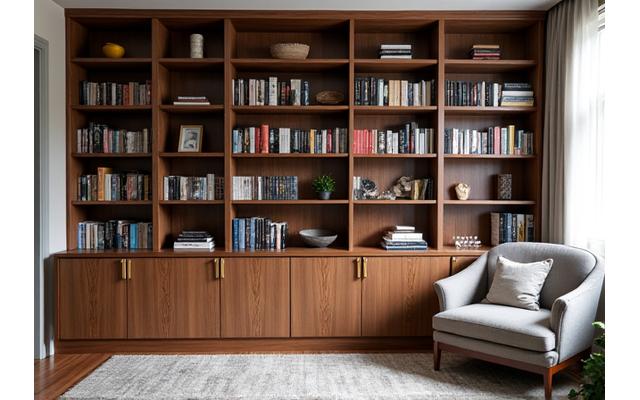 Op maat gemaakte ingebouwde boekenkast van donker hout