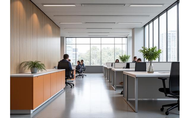 Modern kantoordesign met ergonomische bureaus en kasten op maat